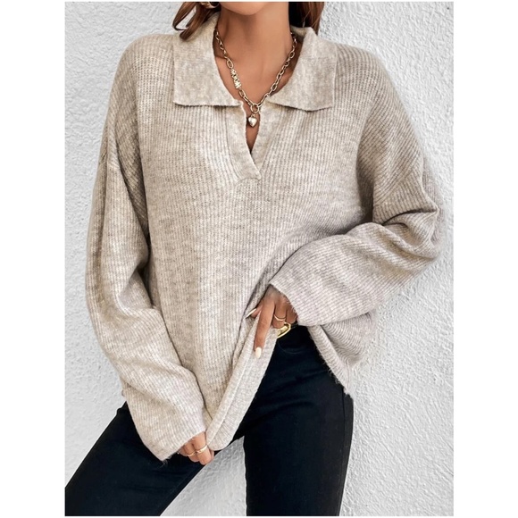Solid Notched neck Oversized Sweater Top - Picture 6 of 9